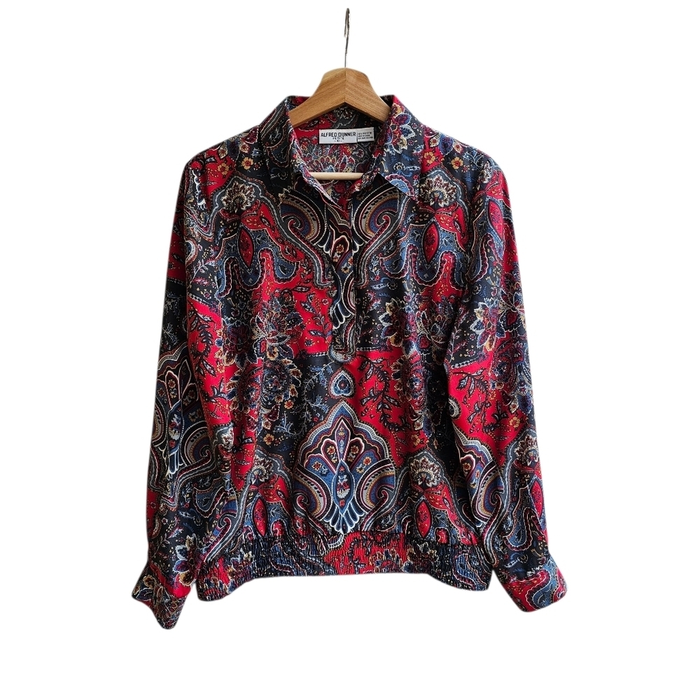 Vintage Paisley Blouse Red Blue Black Top, Collared Banded Waist Petite 10